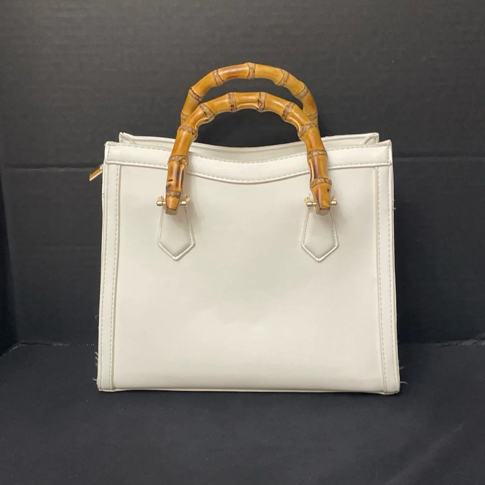 White Faux Leather Handbag w/ Bamboo Double Handles Free Standing Footed - Picture 1 of 11
